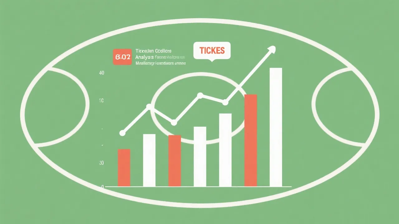 世界杯门票数据分析可视化风格插图，包含柱状图与球场轮廓