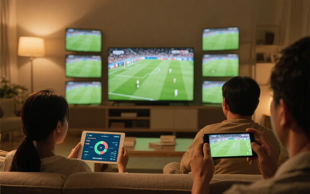 多屏观看世界杯的家庭场景：电视、平板和手机同步显示比赛与数据